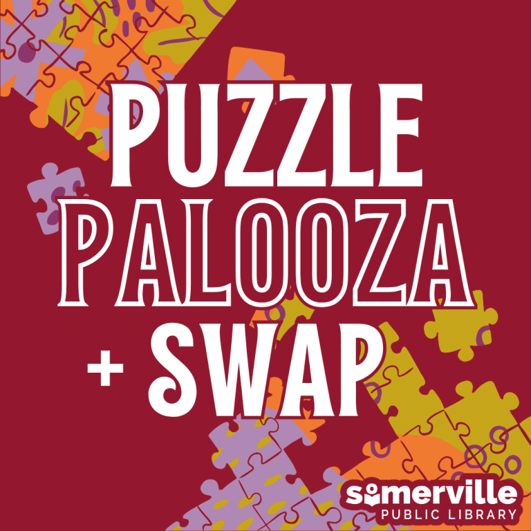 Puzzle pieces in the process of being put together. Text reads puzzle palooza & swap.