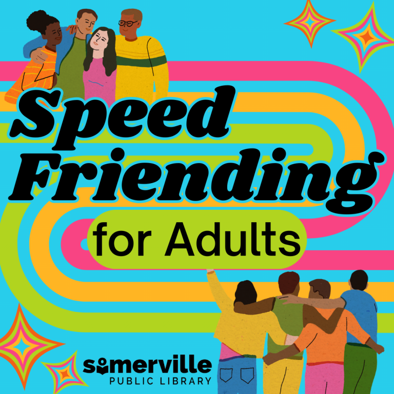 Two groups of friends hang out with a multicolored stripe background. Text reads "speed friending for adults."