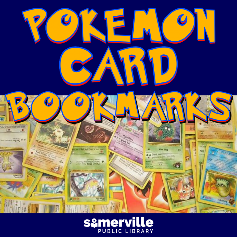 A blue background is overlayed with Pokémon-style text that reads: Pokémon Card Bookmarks. A large image of random Pokémon cards sits below with SPL logo.