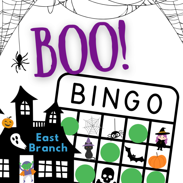 Halloween-themed graphic for “BOO! BINGO” with black haunted house, spider webs, pumpkins, bats, and a grid of green circles and icons. East Branch and SPL logo also shown.