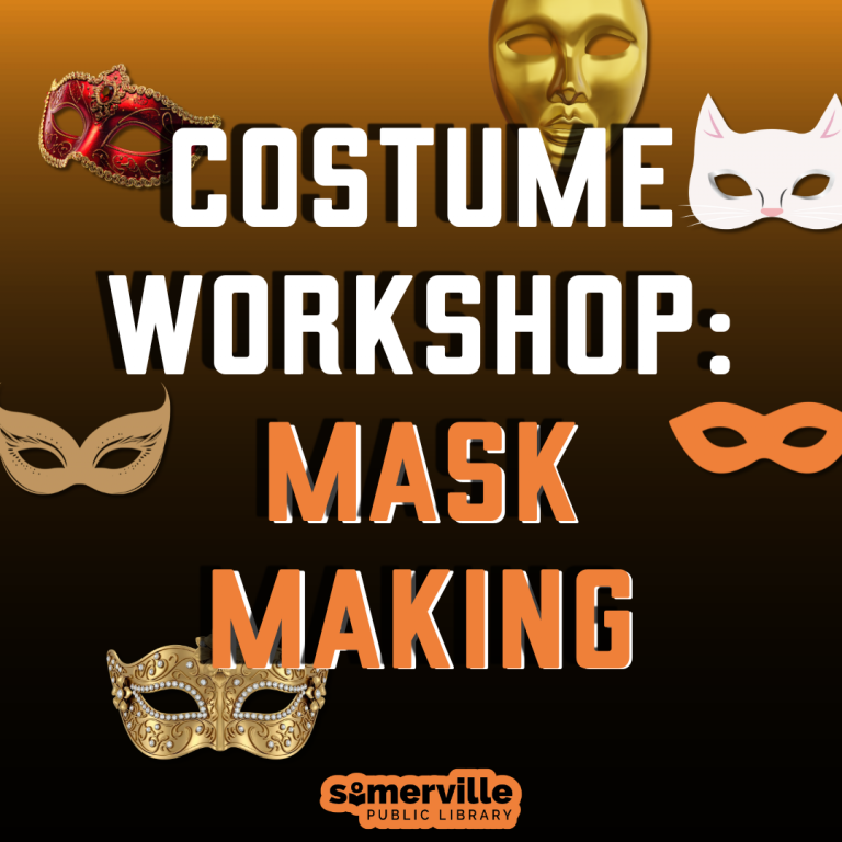 “Costume Workshop: Mask Making” with illustrated theater masks in gold, red, black, and orange on a brown background, including a golden face mask and a white cat-like mask. SPL logo on bottom