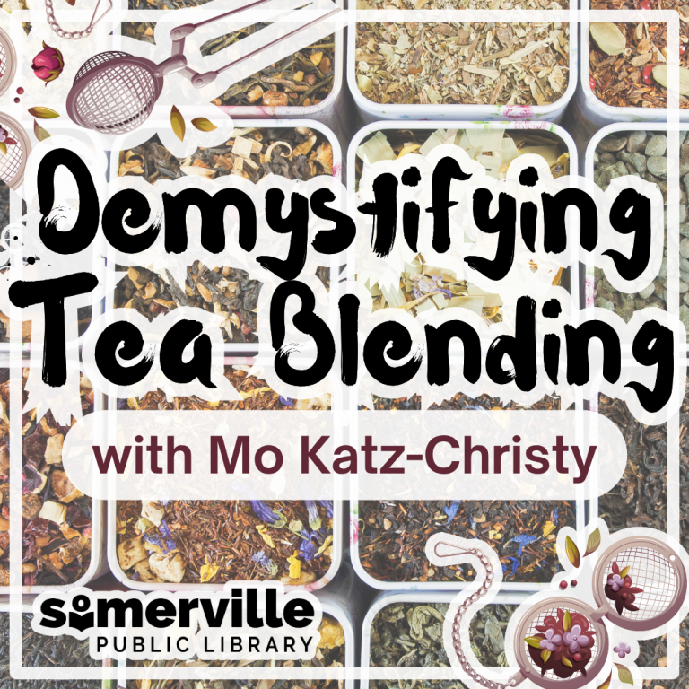 A photo of various tins of blended teas. Text reads "demystifying tea blending with mo katz-christy."