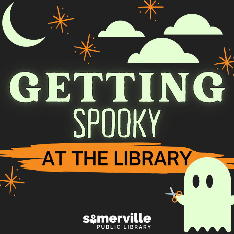 A ghost holding scissors among glowing moon and stars. Text reads "getting spooky at the library."