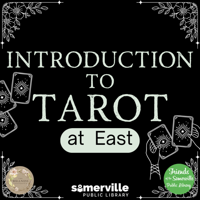 A black background with floral corners implies a tarot card design. Text reads "introduction to tarot at east."