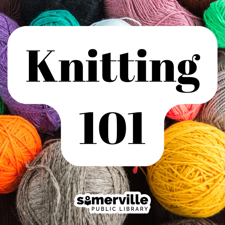 Balls of yarn decorate the background with "Knitting 101" overlaying in the middle. SPL logo on the bottom.