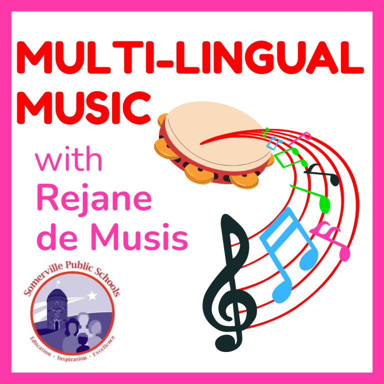 Poster with the title “MULTI-LINGUAL MUSIC with Rejane de Musis,” featuring a cartoon hand drum with colorful sound lines and a black musical note, plus SPS logo on the left.