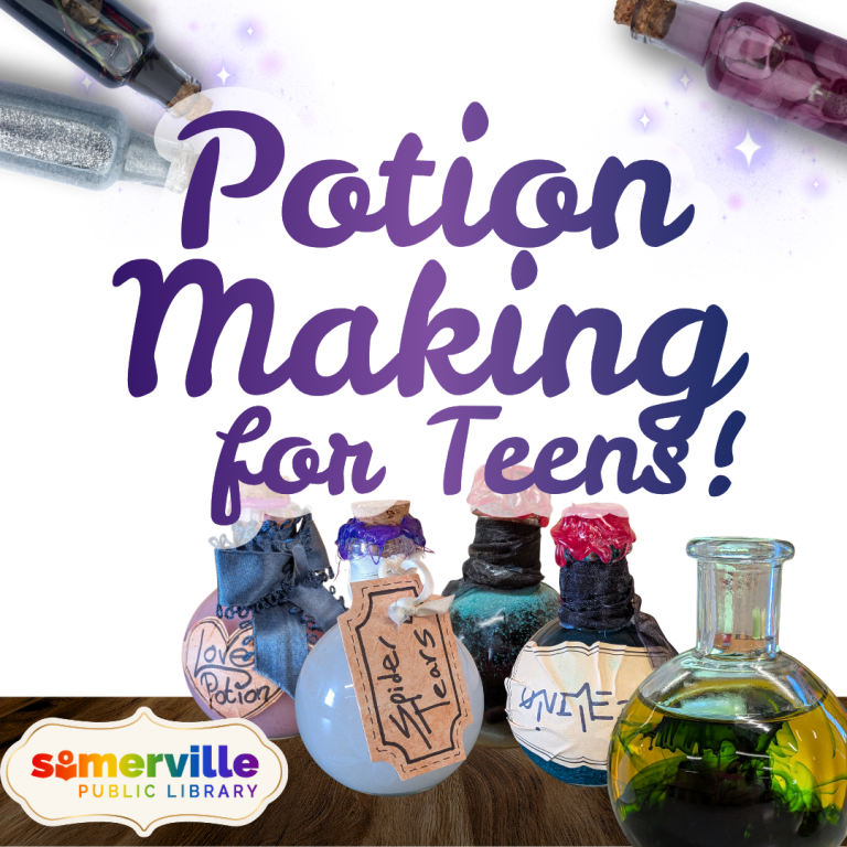 Various spooky potions rest on a shelf. Text reads "potion making for teens."