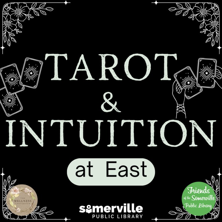 A black background with floral corners implies a tarot card design. Text reads "tarot & intuition at east"