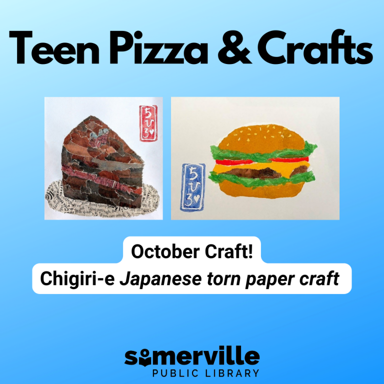 "Teen Pizza & Crafts. October Craft! Chigiri-e Japanese torn paper craft." Blue background with craft examples and SPL logo on bottom.