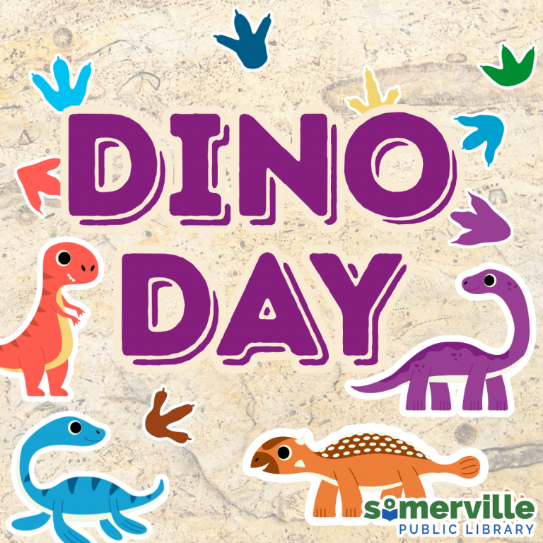 Beige fossilized background: large purple “DINODAY” letters with cartoon dinosaurs, footprints, and SPL logo at the bottom right.