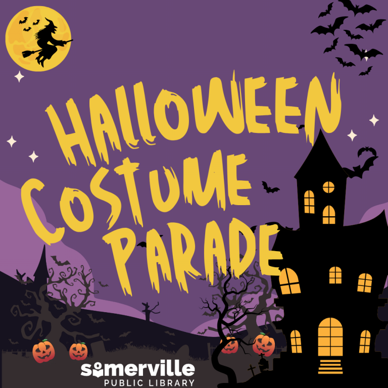 A haunted house on deep purple background. Text reads "halloween costume party."