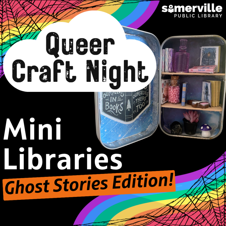 A rainbow with spiderwebs. Text reads "queer craft night: mini libraries: ghost stories edition."